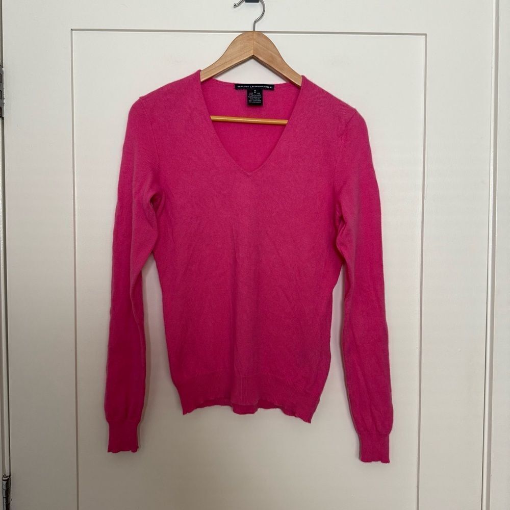 Ralph Lauren Golf Sweater Womens Sz M Pink Knit 100% Cashmere V Neck Preppy